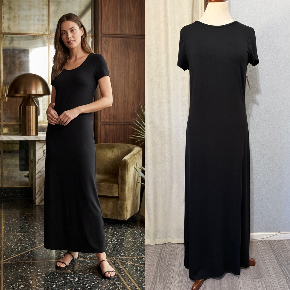 Lagenlook Maxi T-shirt Dress S Black Short Sleeve Scoop Neck Miniamlist Stretch